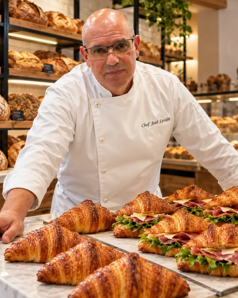 O Chef Joel, de dólmã branco, numa bancada com croissants e sanduíches